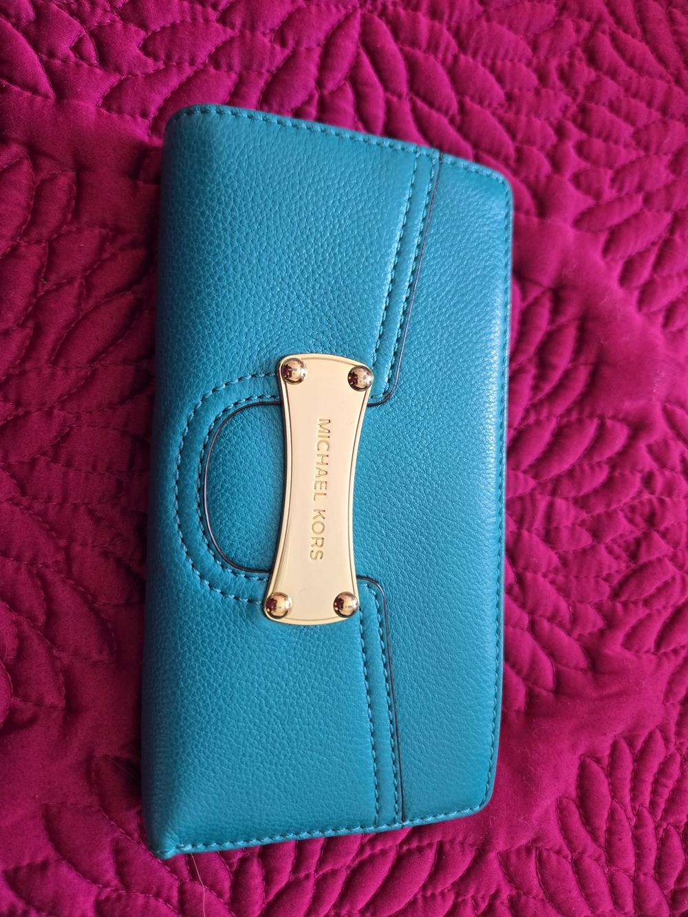 Michael Kors Tile Blue Leather Wallet with Gold Plaque Accent